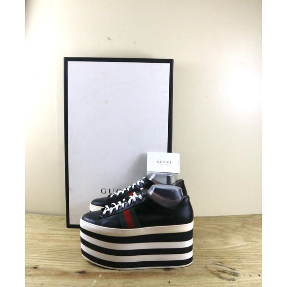 Gucci Sneakers Womens 10.5B Black Leather Peggy Platform Striped Shoes Italy - Picture 1 of 15